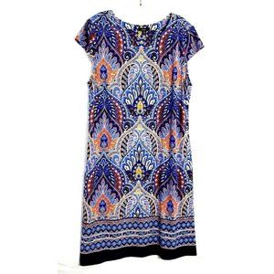 R&K Cap Sleeve STRETCH DRESS Multicolor bright FLORAL Boho PRINT Women's PXL